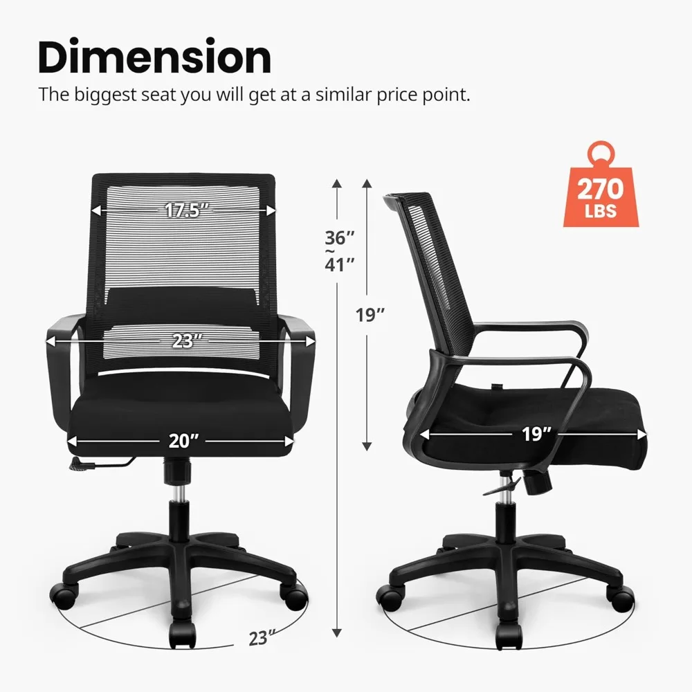 Office Chair Computer Chair Ergonomic Mid Back Mesh Cushion with Wheels Lumbar Support Comfy Swivel Adjustable Rolling Home