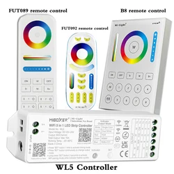 Wl5 wifi 5 em 1 controlador do diodo emissor de luz para rgbw rgb + cct conduziu a luz de tira; controle remoto de 2.4g hz: fut092, 8 zona fut089, painel de toque fixado na parede b8