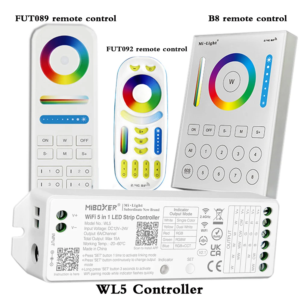 WL5 Wifi 5 in 1 Led Controller For RGBW RGB+CCT led strip light;2.4G Hz Remote:FUT092,8 Zone FUT089,B8 Wall-mounted Touch Panel