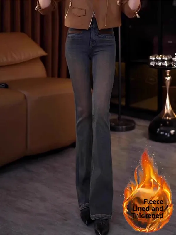 

Расклешенные джинсы в стиле ретро, женские эластичные облегающие брюки с высокой талией на подкладке, узкие прямые брюки-клеш