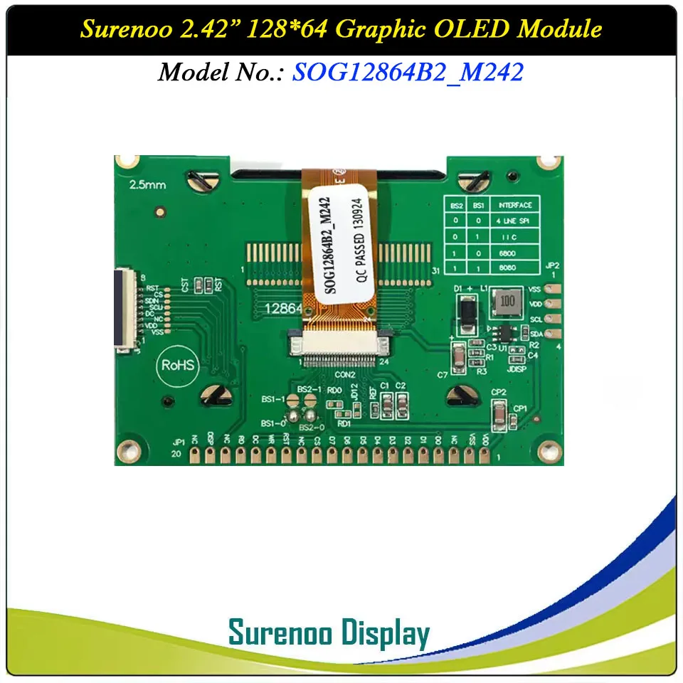 Echtes OLED-Display, 2,42 Zoll 128 x 64 12864 Grafik-LCD-Modul-Bildschirm, LCM-Bildschirm, 75.0 x 52,7 SSD1309, parallel, SPI, I2C/IIC