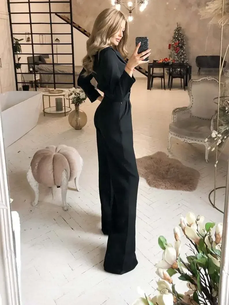 Lady Fashion Solid Color V Neck Tight Formal Office Jumpsuit Women Loose Long Sleeve Wide Leg Pants Elegant Rompers Jumpsuits