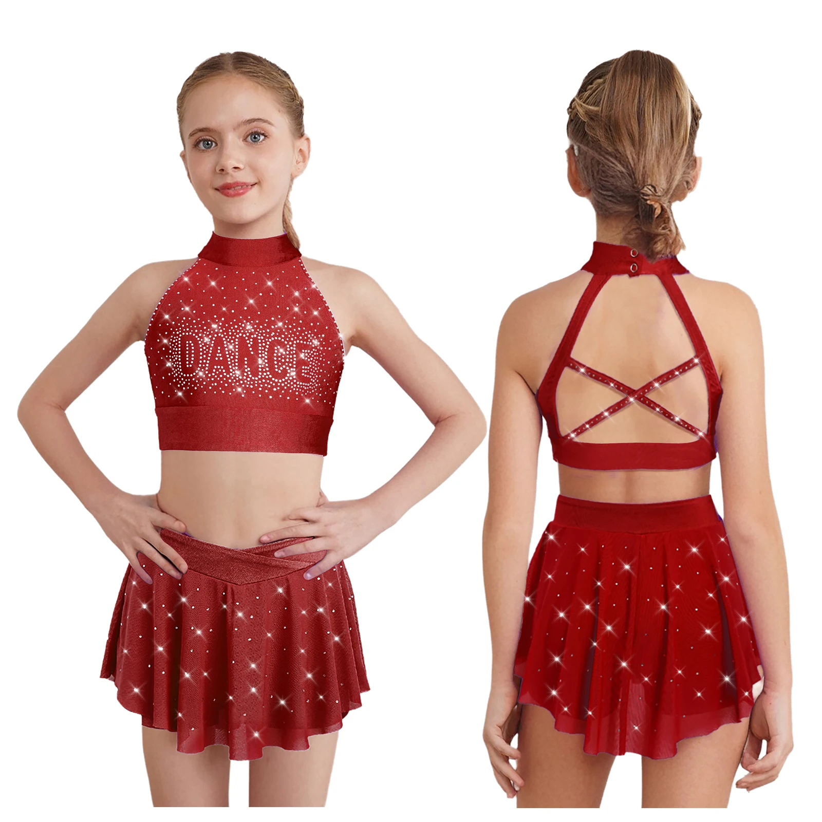 

Kids Girls 2-Piece Cheering Ballet Dance Outfit Rhinestones Crop Top with Sheer Mesh Skirt for Cheerleading Dance Performance
