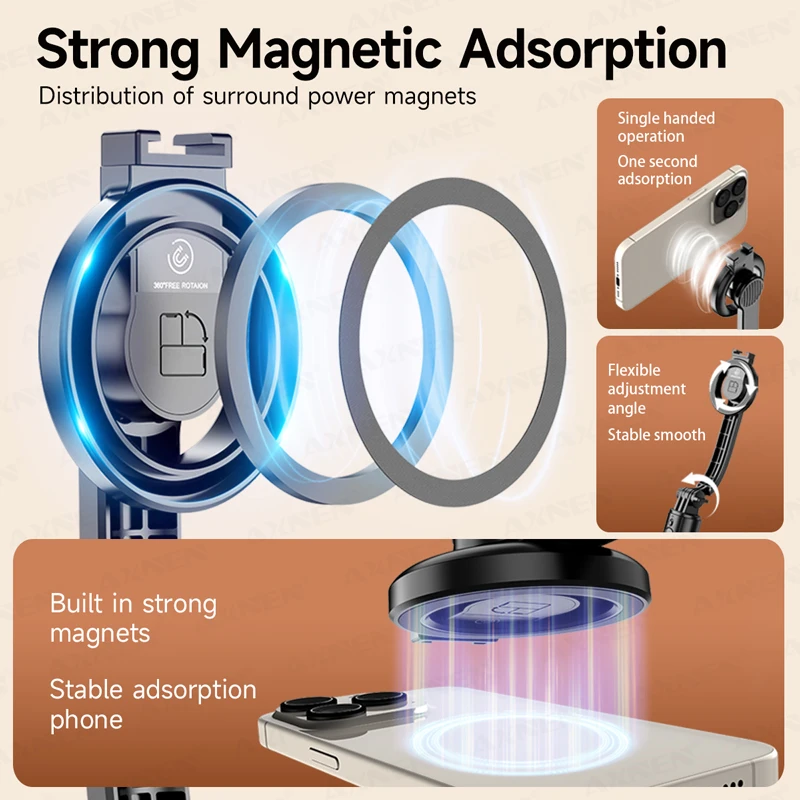 Magnetic Handheld Selfie Stick Extendable Gimbal Holder Stand Tripod Bluetooth Wireless Remote for iphone 17 16 15 14 13 Vlog