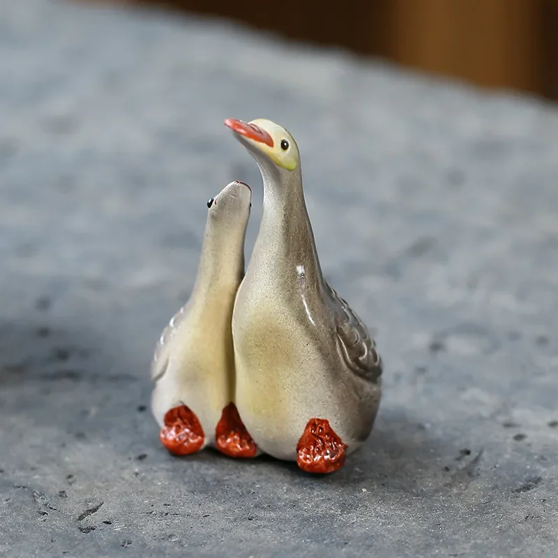 Colorful Couple Goose Purple Clay Tea Pet, Suitable Raising Tea Table and Tray Decorations,Swan Creative Sculpture, Holiday Gift