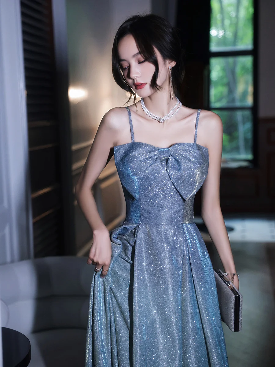 Shiny Starry Sky Blue Spaghetti Straps Prom Dress Bow Tie Off Shoulder Long Dress 2023 New Suspender Formal Party Gowns