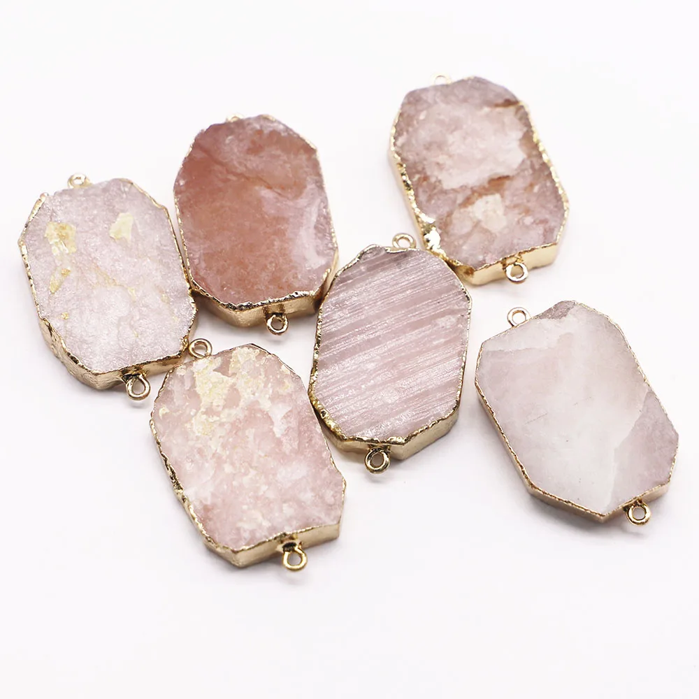 Natural Stone Oval Rose Quartz Pendant Connector Section Mineral Healing Gold Plated Edge Necklace Charms Jewelry Wholesale 6Pcs