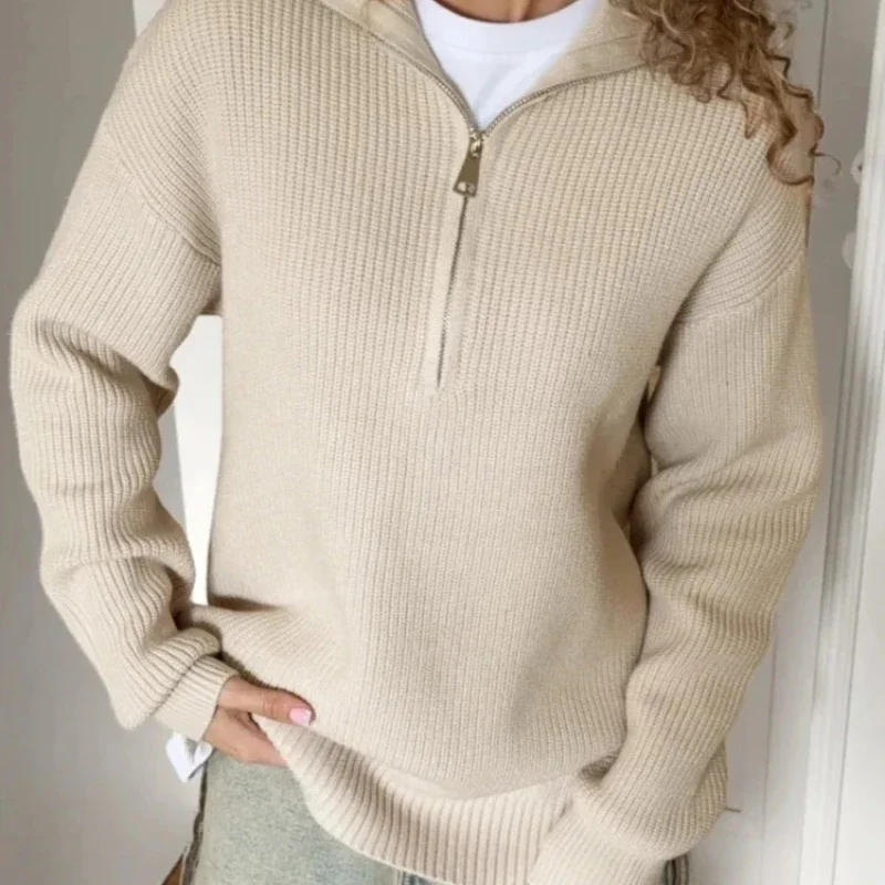 Oversized Knitted Sweater Women Loose Lapel Casual Pullover Zippers Korean Fashion Autumn 2025 Jumper Knitwear