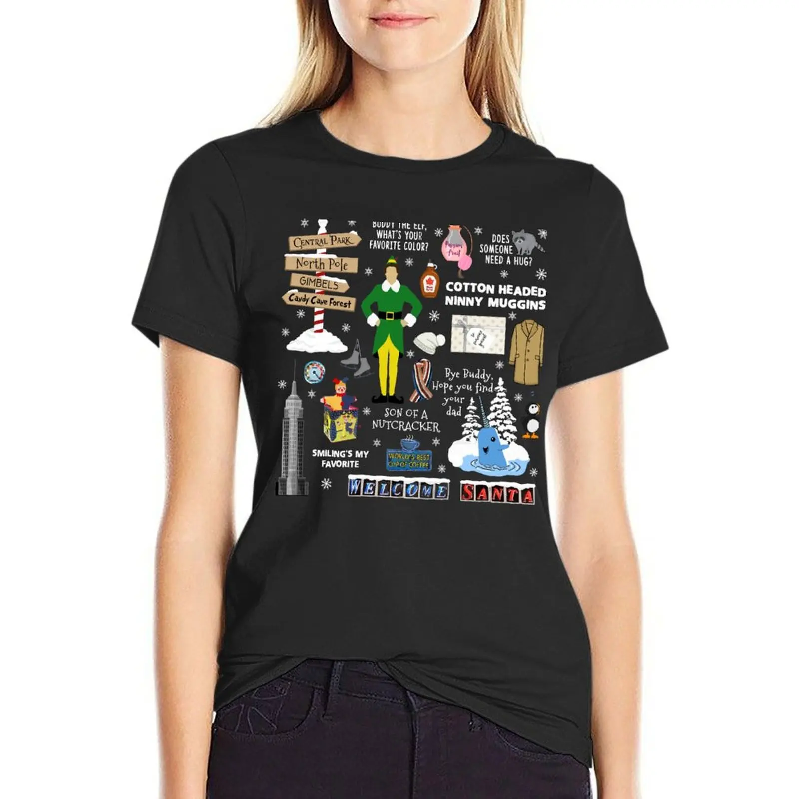 Buddy the Elf collage, Blue background T-Shirt kawaii clothes female Women tops