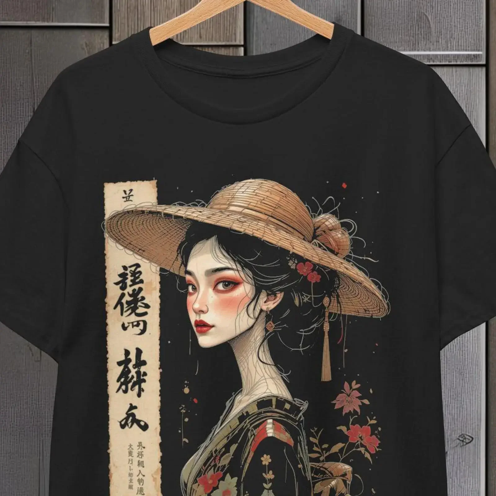 Vintage Japanese Geisha with Straw Hat T Shirt Asian Art Cotton Casual Summer Aesthetic for Lover vintage Washed graphic