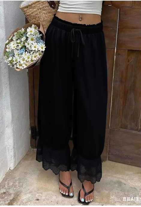 

Женские широкие брюки, белые полиэстеровые кружевные бейки по подолу, повседневные свободные летние брюки, широкие брюки