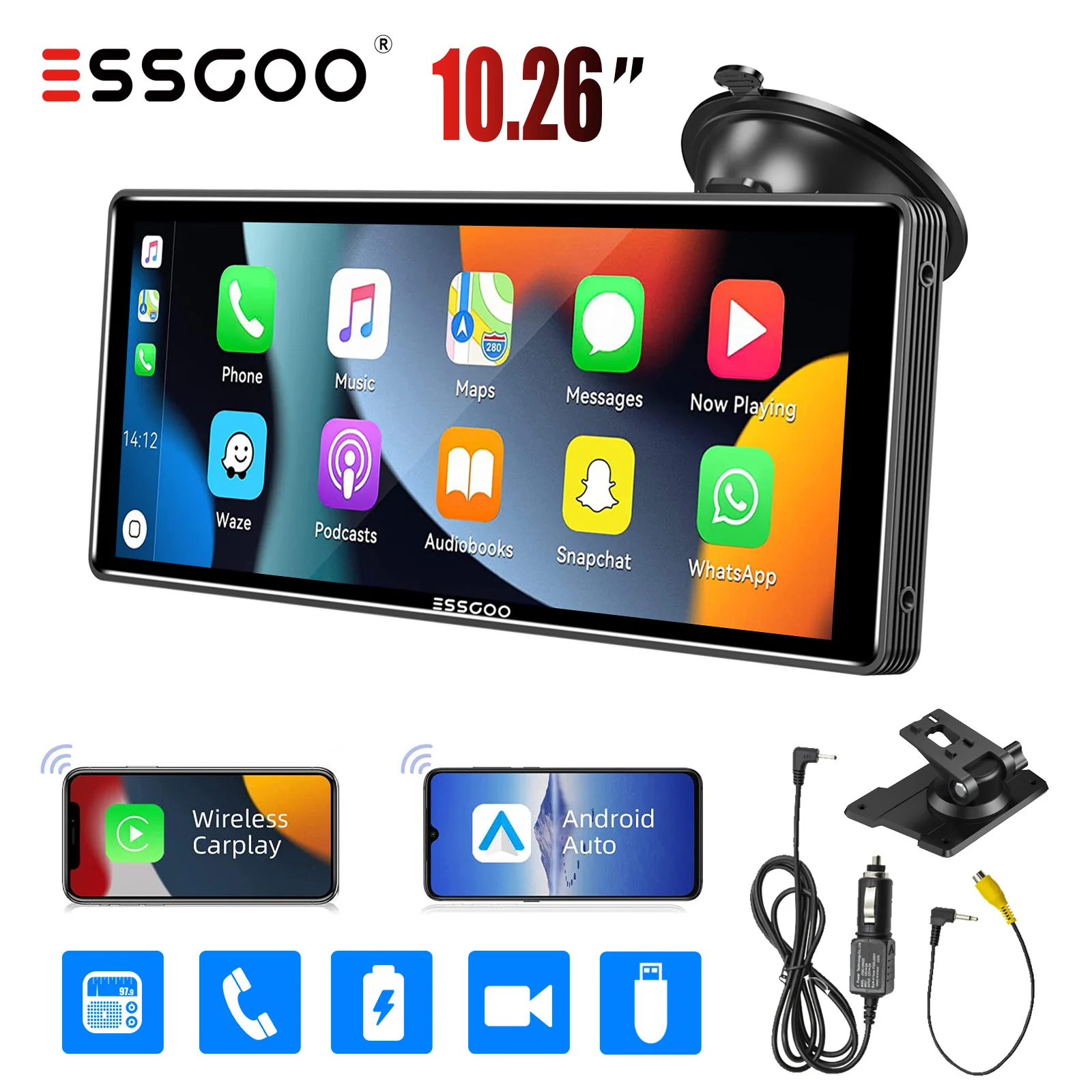 ESSGOO 10,2 Multimedia Video Player Drahtlose Carplay/Android Auto Auto Stereo Radio IPS Touchscreen FM Sender USB