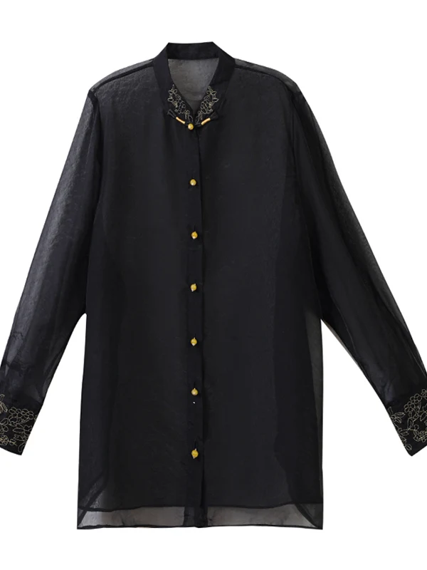 블랙 자수 셔츠 여성용 봄 루즈핏 스탠드 칼라 버튼업 자외선 차단 긴팔 중간 길이 캐주얼 셔츠