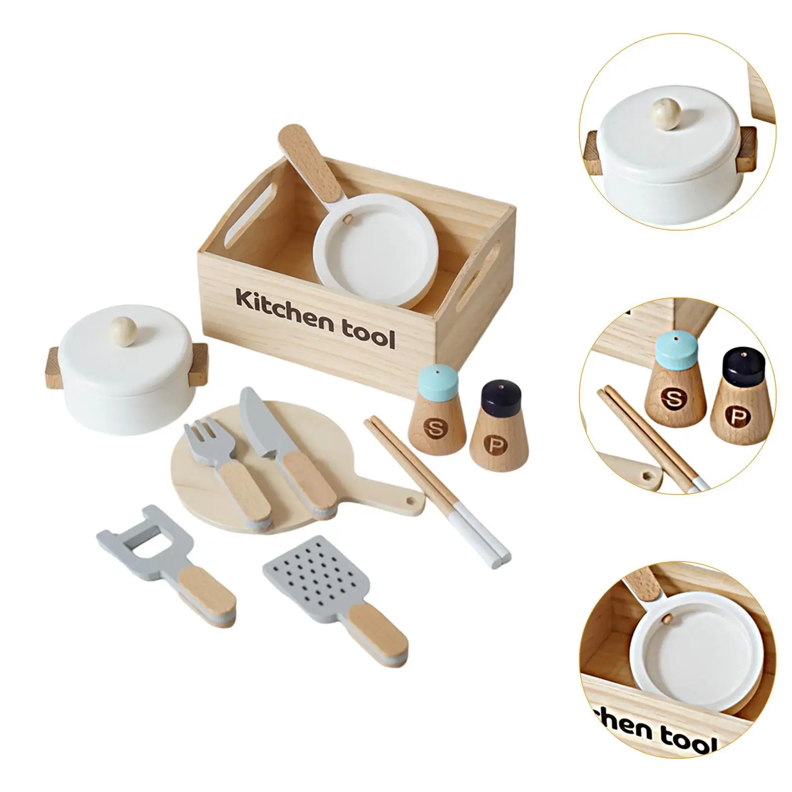 Wooden Cooking Play Set with Frying Pan and Cutting Board for Children