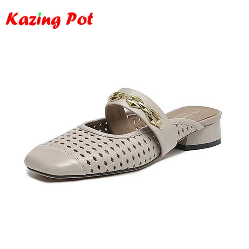 

Женские туфли-мюли Krazing Pot из овечьей кожи с металлическими цепочками, винтажные, с квадратным носком, на низком каблуке, весенне-осенние, с ажурным декором, без застежек