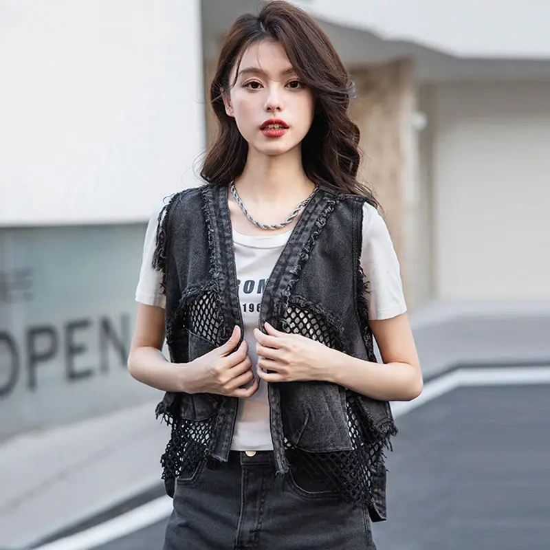 Women Denim Hollow Out Patchwork Short Vest New Big Size V-neck Sleeveless Loose Trendy Spring Summer Denim Tank Tops Streetwear