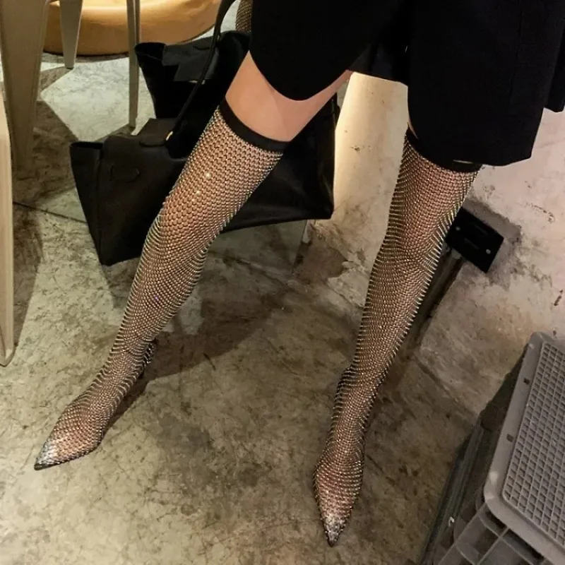 Summer Knee High Sandal Boots Luxury Women Sexy Rhinestone Pointed Toe Thin Heels Thigh Mesh Sock Shoes Botas De Mujer
