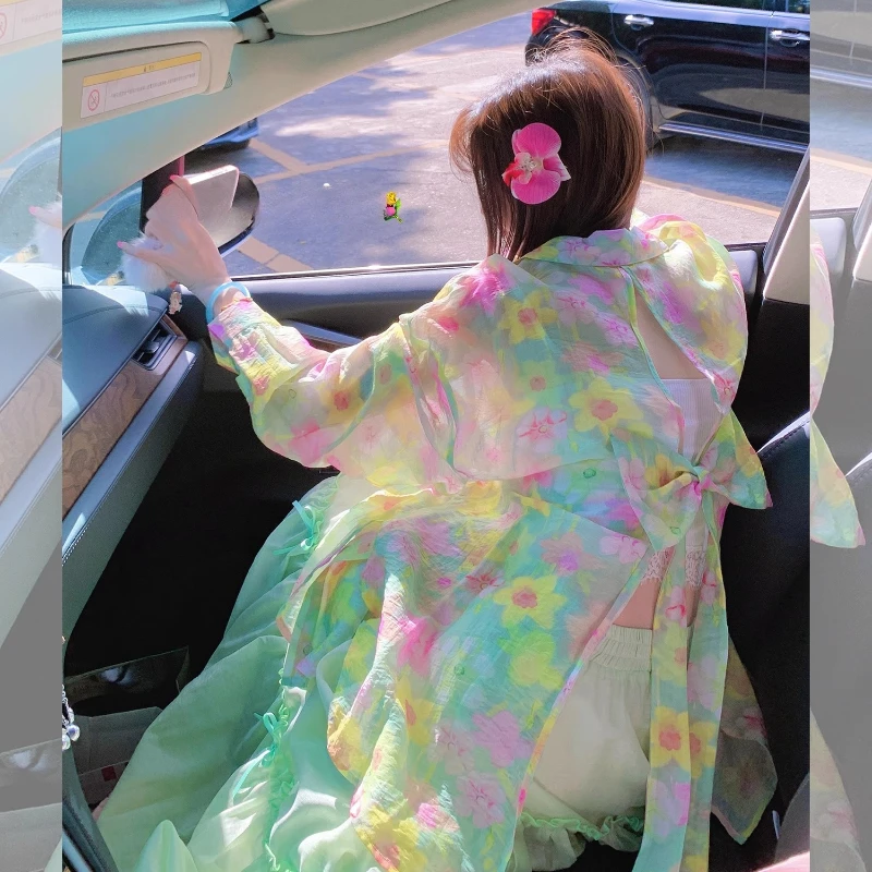 Summer New Green Floral Women's Sunscreen Shirt Jacket Sweet Cute Loose Vacation Split Bow Hollow Out Long Sleeves Shirts Ladies