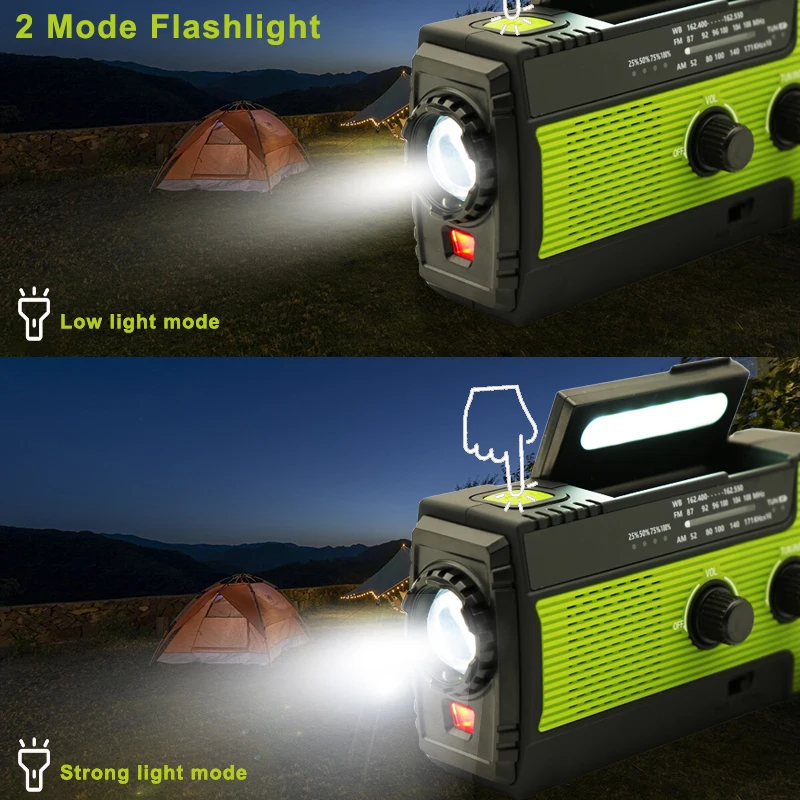 FM Radio Weather Receiver 4000mAh Multifunctional Solar Hand Crank Radio USB Charging Emergency Radio LED Flashlight Power Ban