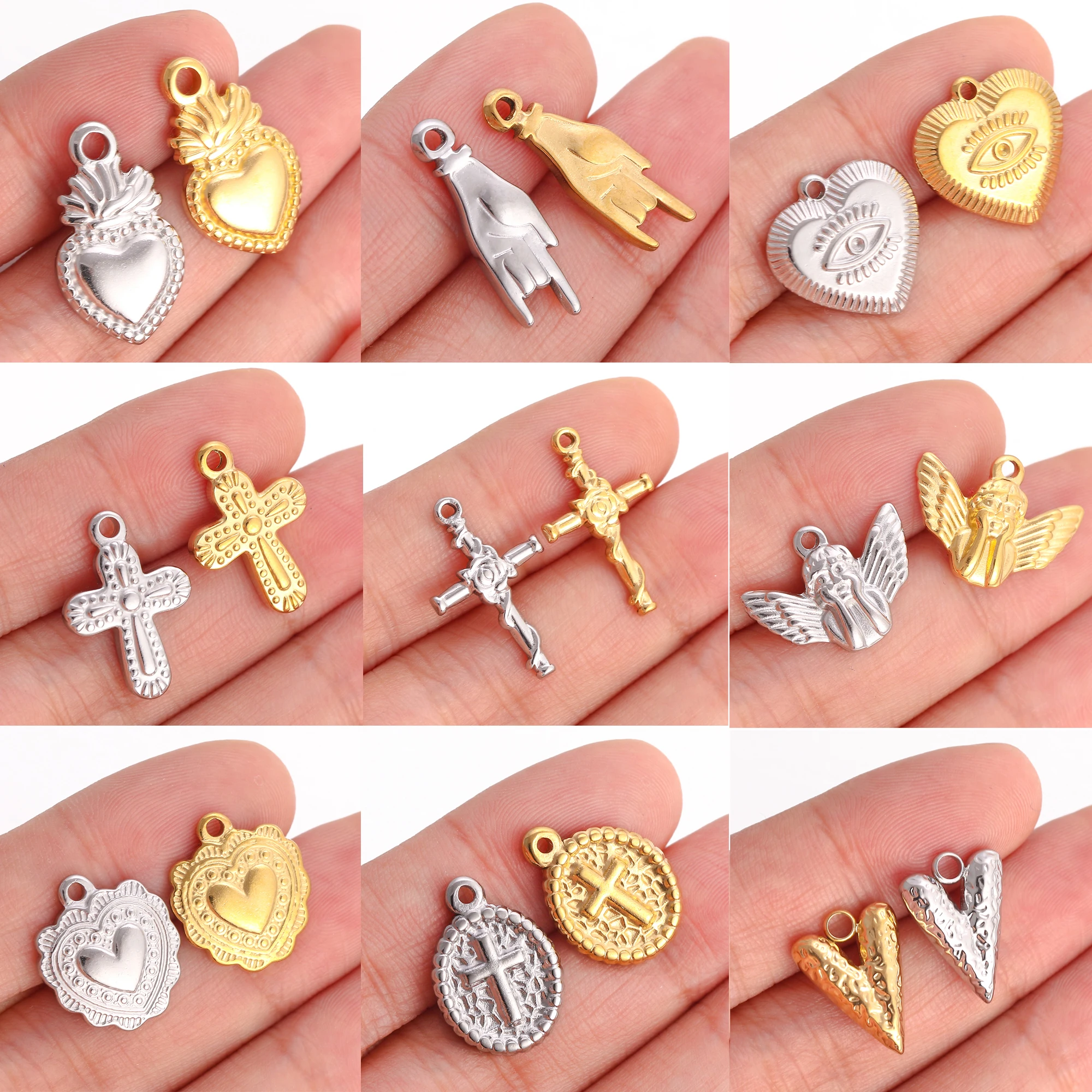 3Pcs Sacred Heart/Rose Cross/Angel/Eye Charm for Jewelry Making Christian Amulet Pendant DIY Bracelet Necklace Handmade Supplies