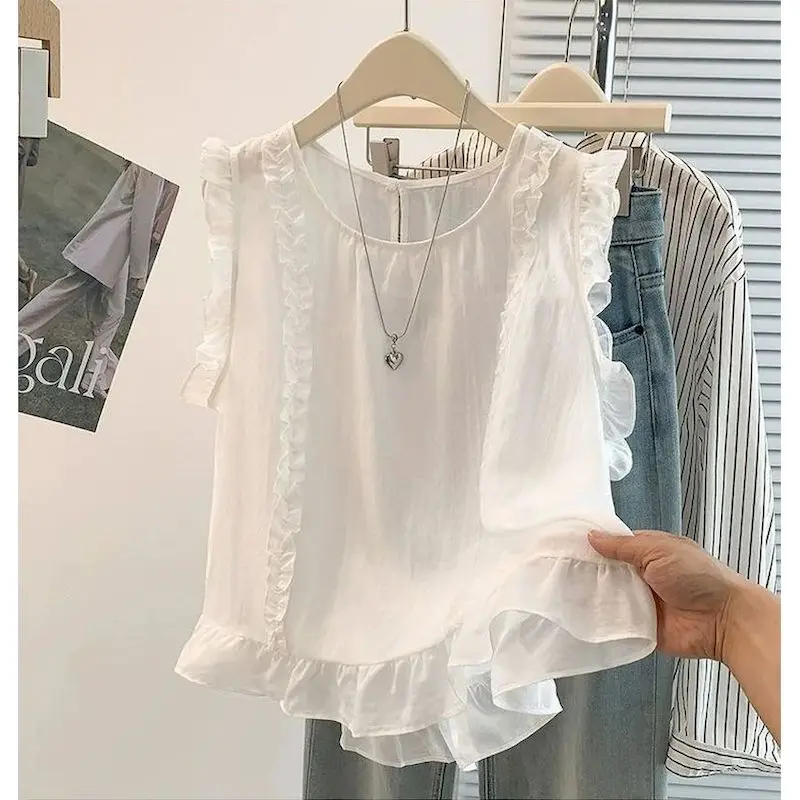 Thin Tank Tops Wood Ear Lace Design Loose Casual Korean Style Sleeveless Age Reduction Shirts 2026 Summer Sale Women Clothing