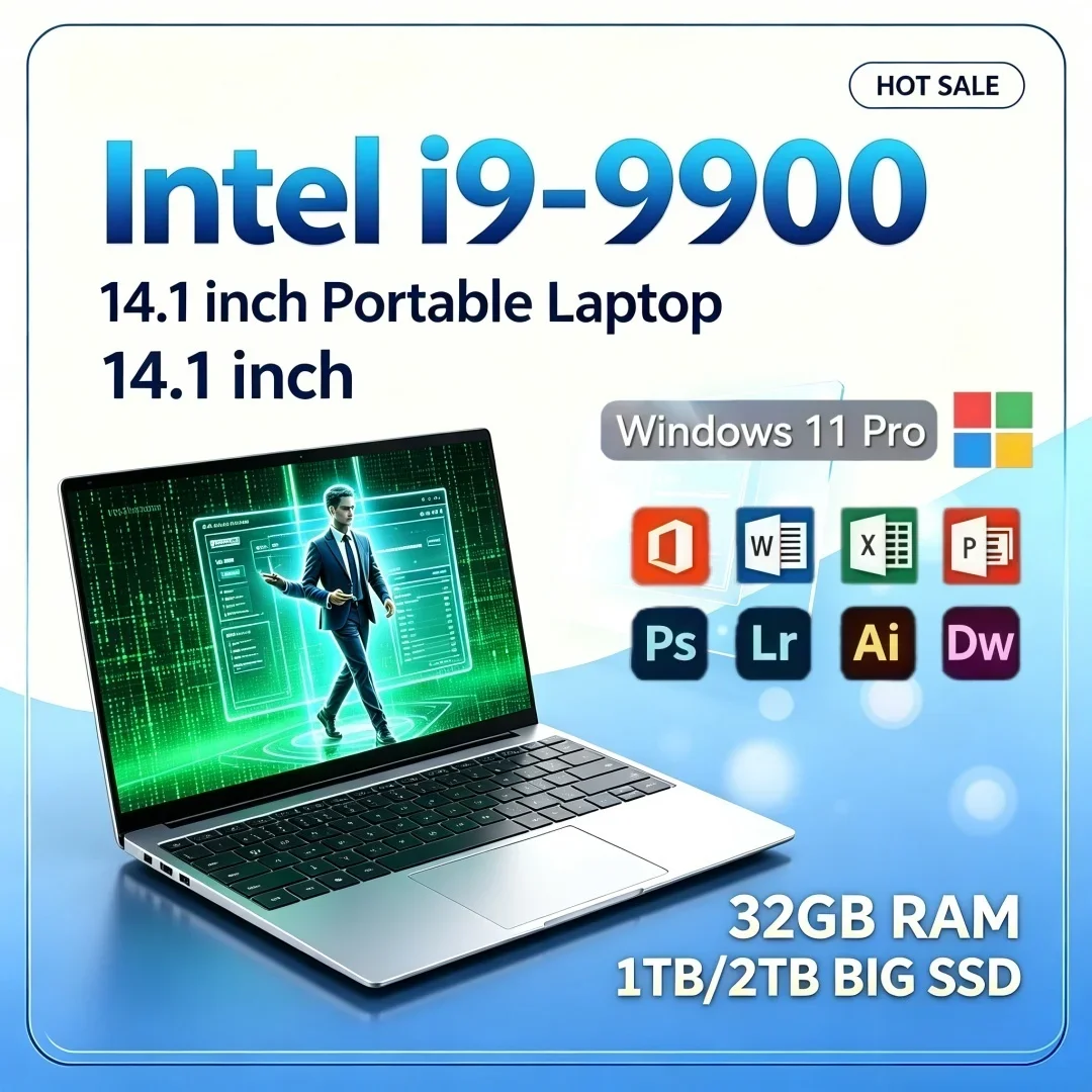 Intel i9-9900 Powerful Ultra-thin Portable Laptop 2026 Laptop Windows11 1/2TB Large SSD 14.1 Inch 16GB/32GB RAM