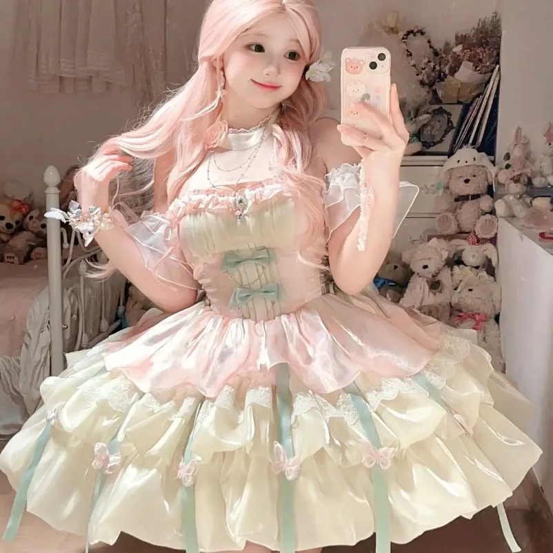 اليابانية Kawaii القوس الدانتيل لوليتا المرأة الحلو لطيف نفخة الأكمام ضئيلة الوردي فساتين صغيرة الإناث Pretty2025 جديد فستان الأميرة الجنية