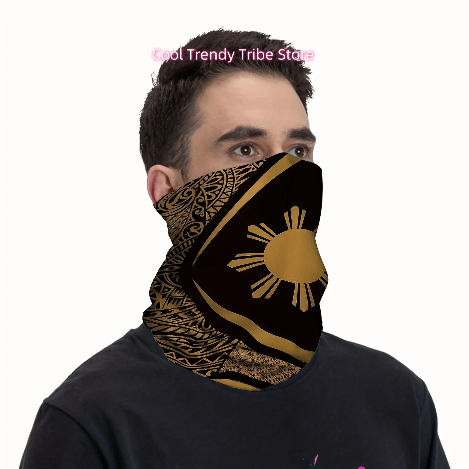 Golden Philippine Sun, Stars, Abstract Design Fun Design Multi Functional Print Scarf Men Women Unsix Mask Neck Mask Holiday Eve view 4