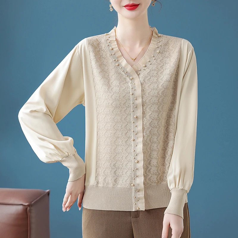 

Spring Knitted Base irt Thin Fem Sle Splicing Middle-aged Mom Clothes Faionable Loose Fit V-ne Polyester Blend