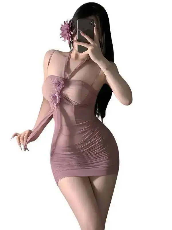 Dolce grigio maglia pizzo trasparente mini abito sottile sexy maglia camicia da notte trasparente tuta sexy abito elegante 2025 nuovo Z4SI