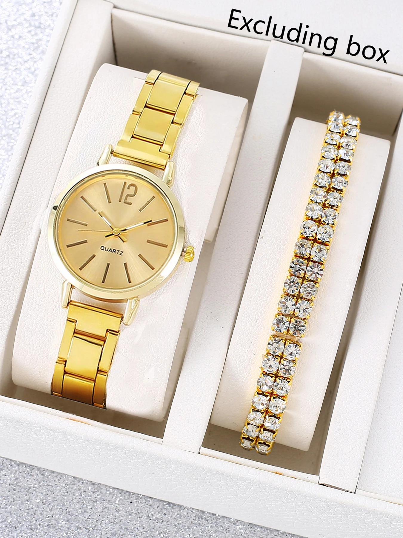 Simple Large Number Silver Steel Watch Full Crystal Tennis Bracelet Set
