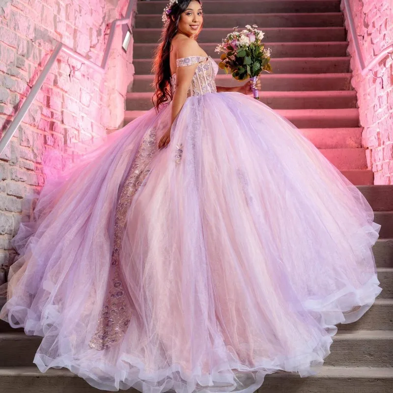 Doymeny rosa Korsett Prinzessin Spitze Applikationen Perlen von der Schulter Tull Quince anera Kleider Mädchen Ballkleid süße 16 Kleider