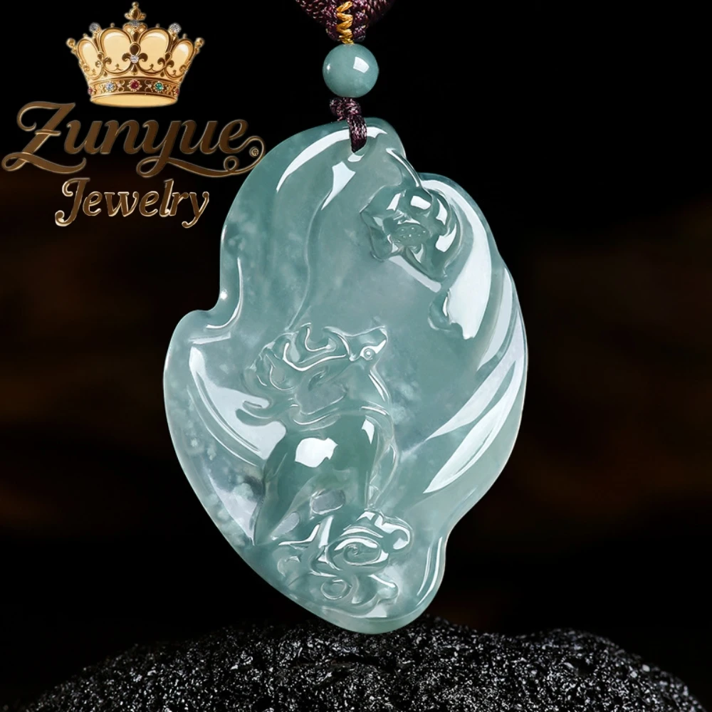 High Gloss Translucent Natural Grade A Ice Blue Water Jadeite Carved Deer Pendant Elegant Unisex Decorative Stone Neck Jewelry