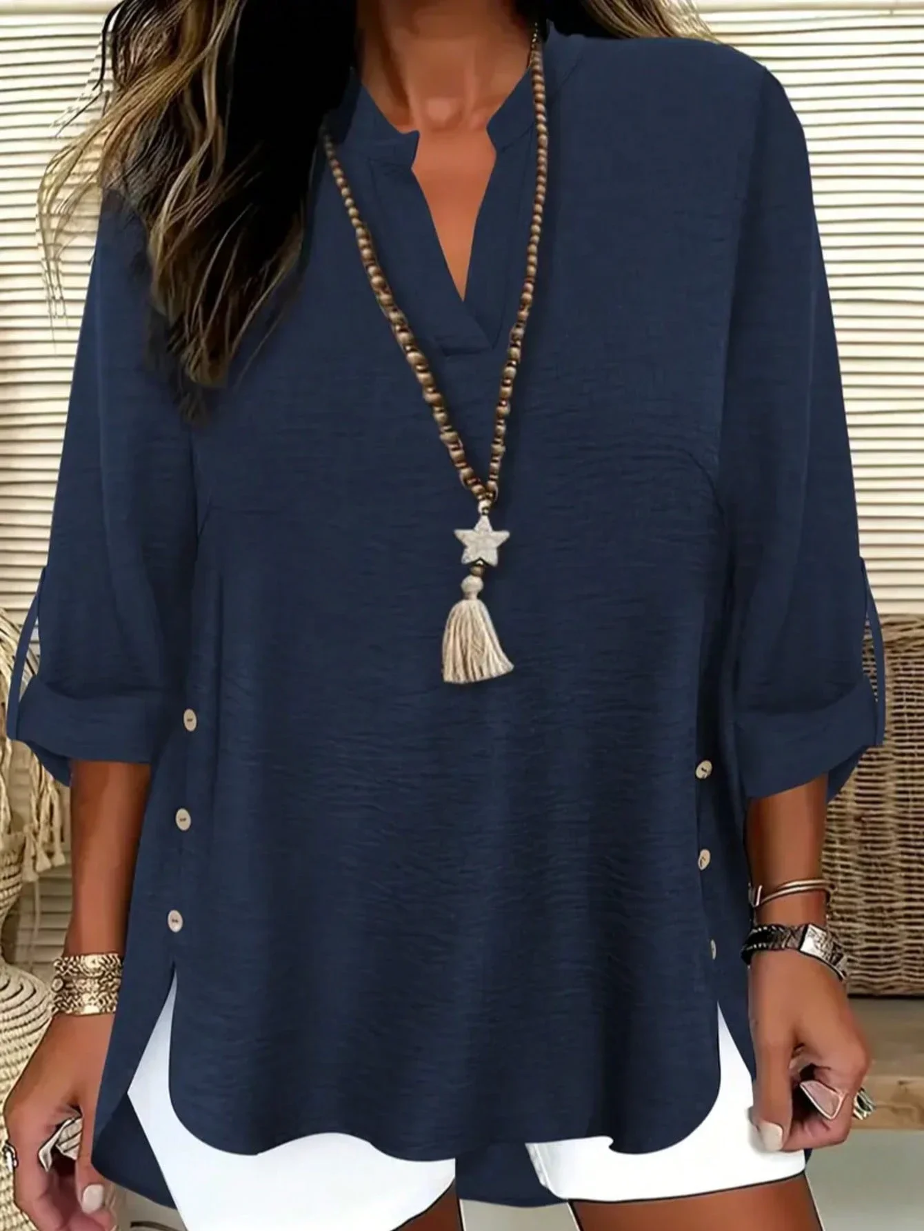 

Plus Size Casual Solid Color Button Decorated Cutout Neck Blouse Spring