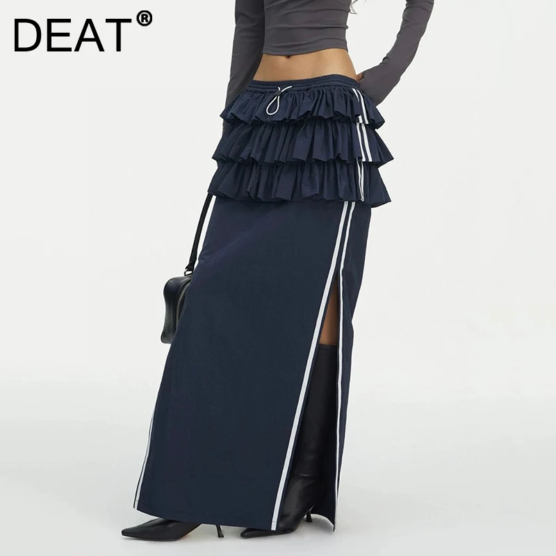 DEAT Fashion Women's Stripe Side Split Cake Skirts High Elastic Waist Pleated A-line Mid-calf Skirt Female 2025 Spring 33A2351