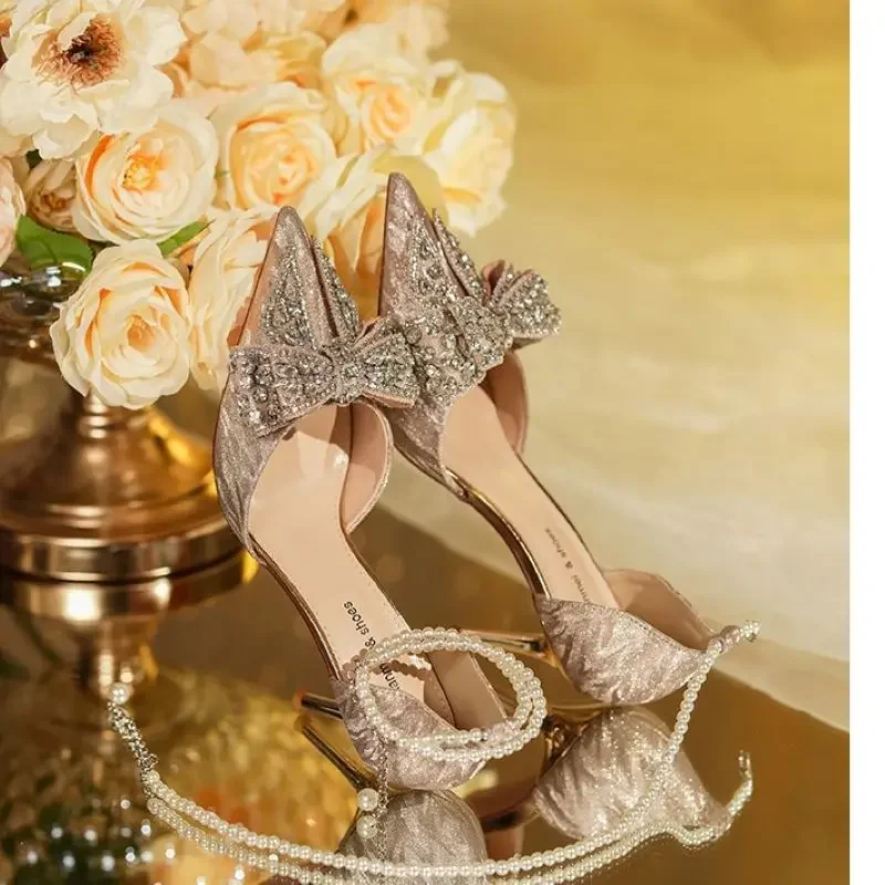 2024 Summer Luxury Women\'s High Heel Sandals Rhinestone Butterfly Pearl Champagne Party Wedding Shoes Birthday High Heels