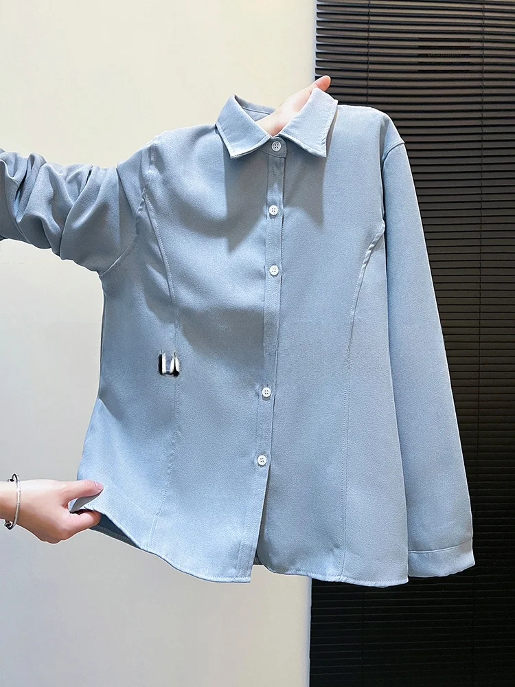 

Blue Thickened Flocking Shirt Women's Spring High-End Sensation Top Layered Wear Suit Inner Match Base Shirt Autumn Winter