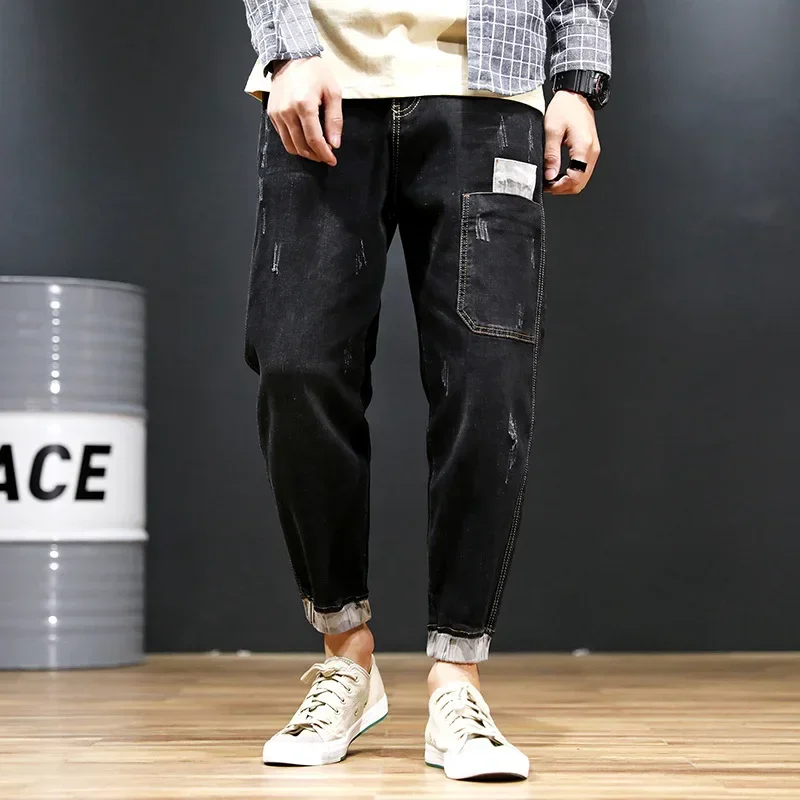 

Black Jeans Men Denim Blue Jean Distressed Boys Jogger Pants Hip Hop Harem Stretch Male Teenager Trousers Plus Size 42 44 46 48