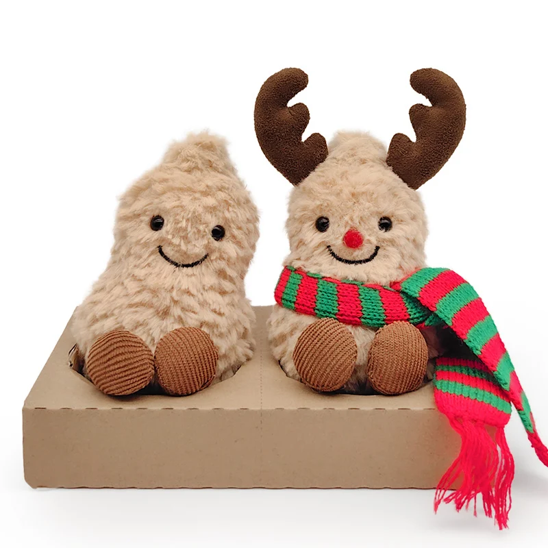 17cm Navidad maní y Reno juguetes de peluche peludos animales de peluche con astas bufanda de nariz roja muñeca suave para niños regalo decoración del hogar