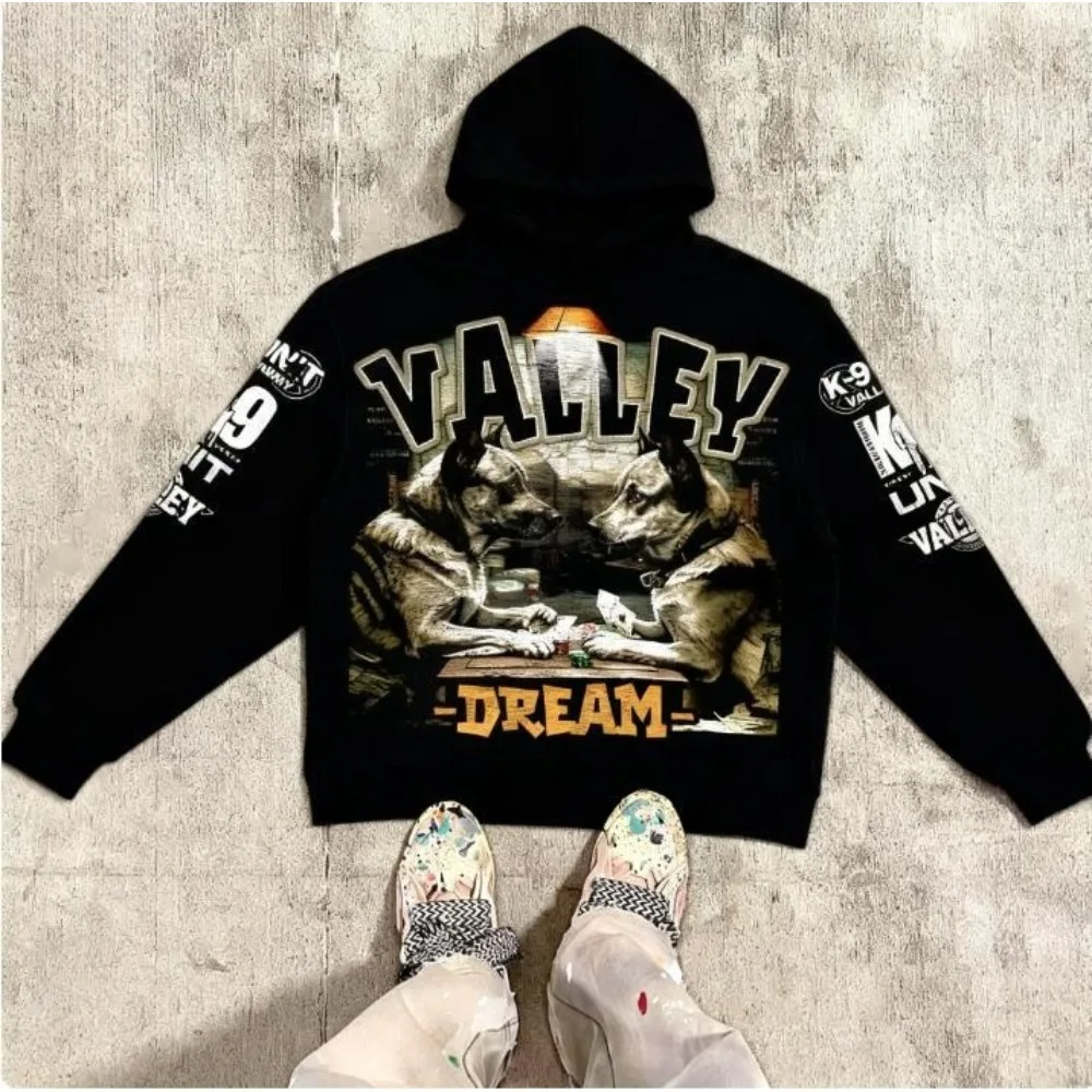 سويت شيرت بقلنسوة بنمط ريترو وور زون فالي دريم للرجال، ملابس علوية فضفاضة ومريحة على طراز الزوجين