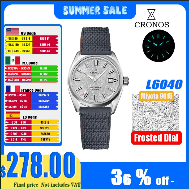 Cronos nuevo 39mm textura de lujo hombres vestido de negocios relojes Miyota 9015 PT5000 SW200 mecánico automático impermeable 100m L6040 M