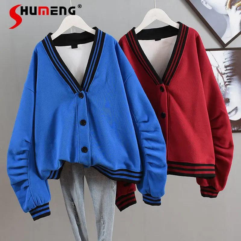 New Spring Autumn Design Button V-neck Cardigan Color Matching Casual Baseball Knitted Coat Women's Loose Long Sleeve Sweater