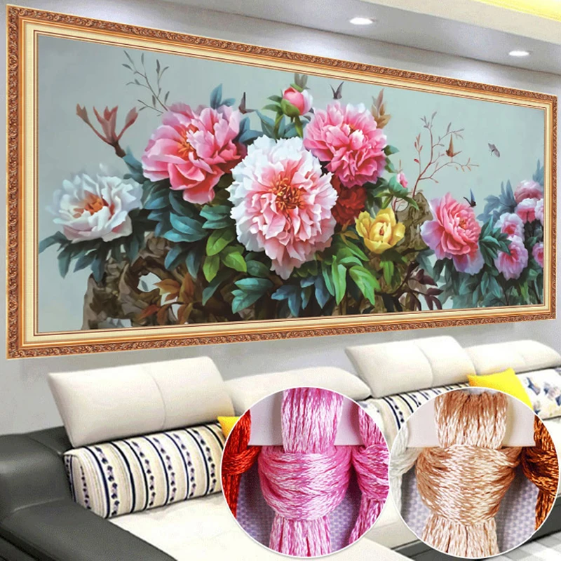 Pink Peony Flowers Pattern DIY Cross Stitch Complete Kits Printed Canvas Embroidery Cotton Thread Needlework Home Decoration
