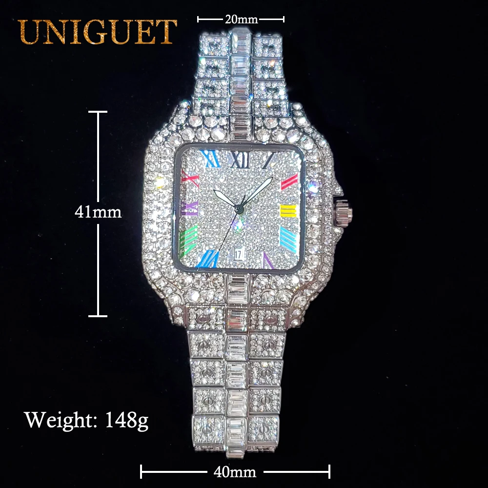 Relojes UNIGUET de lujo con diamantes para hombre, reloj de cuarzo con calendario y esfera de arcoíris para hombre, relojes de pulsera helados de Hip Hop a la moda para regalo