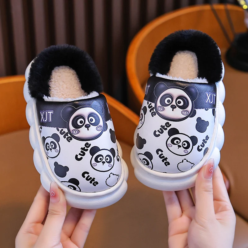 New Winter Waterproof Cute Animals Warm Indoor Mule Soft Non-slip Fluffy Slippers For Kids Boys Girls Children Home Cotton Shoes