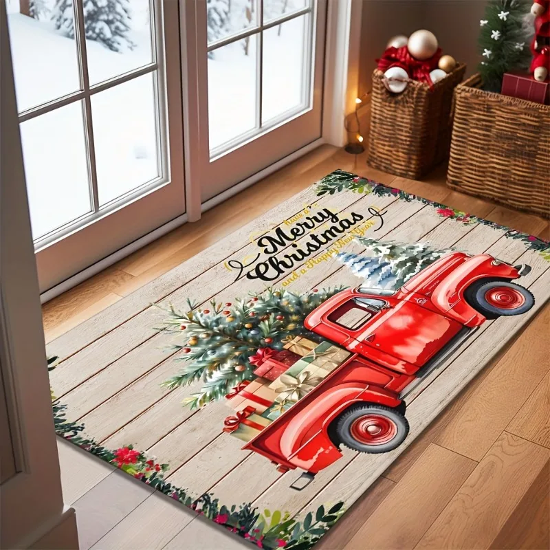 Rustic Wood Christmas Red Pickup Truck Gift Box Xmas Tree Flannel Doormat Anti Slip Front Door Mat Home Entrance Decor Rug