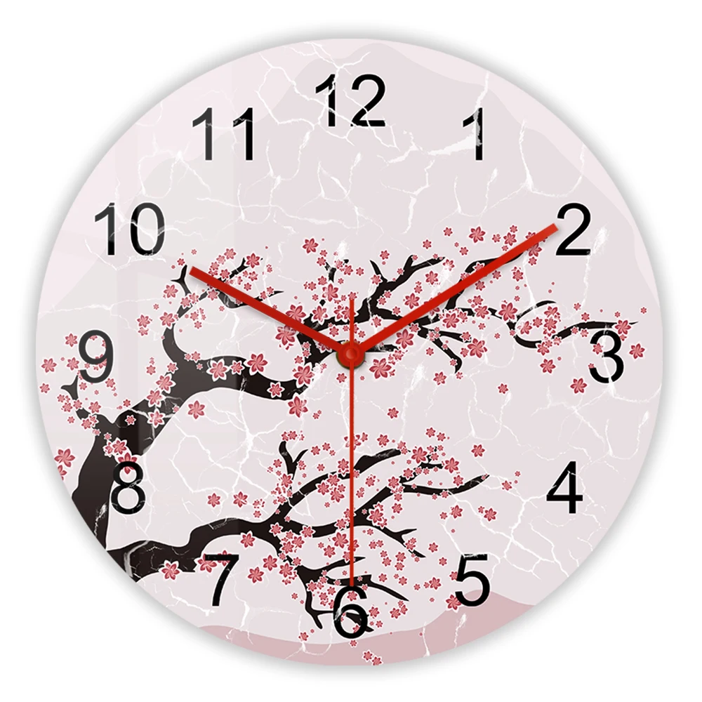 Oriental Cherry Blossom Wall Clock For Bedroom Japanese Flower Home Decor Silent Wall Watch Pink Floral Nature Art Printed Clock