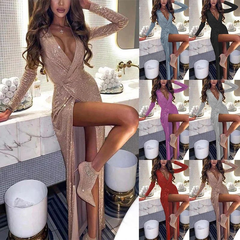 

Multi-Color Sequins Deep V Dress High-Slit Slim-Fit Party Dress