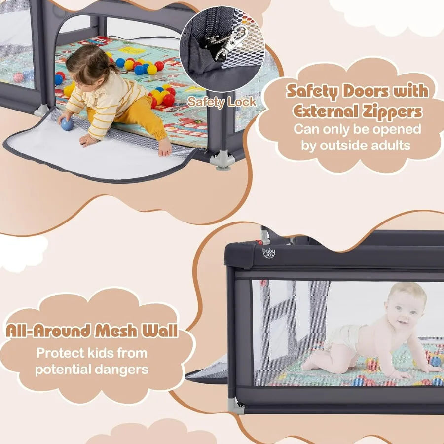 Cercadinho grande para bebês com tapete, 81 ''x 57'', cercadinho para bebês e crianças com cesta de basquete, redes de futebol, puxar anéis, bolas do oceano zi