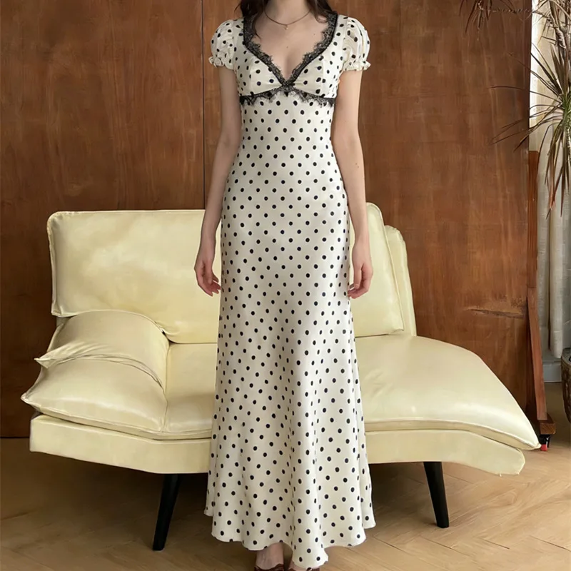 

Talenza Women's Polka Dot Dress Elegant Lace Contrast Patchwork Sleeveless Backless Lace-Up V-Neck Dress Sexy Female Party Dress